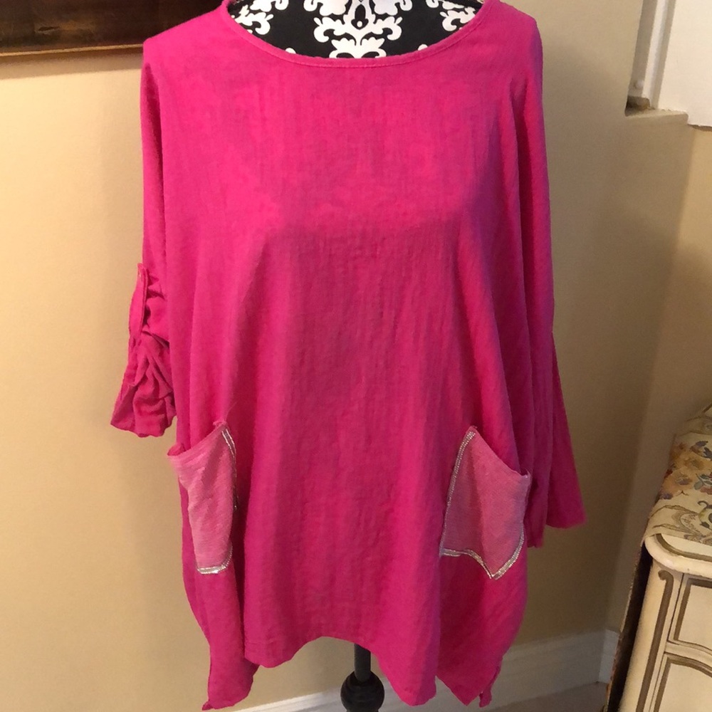 🇮🇹Made In Italy 3/4 Sleeve Rich Fuchsia oversized sequins pockets linen tunic